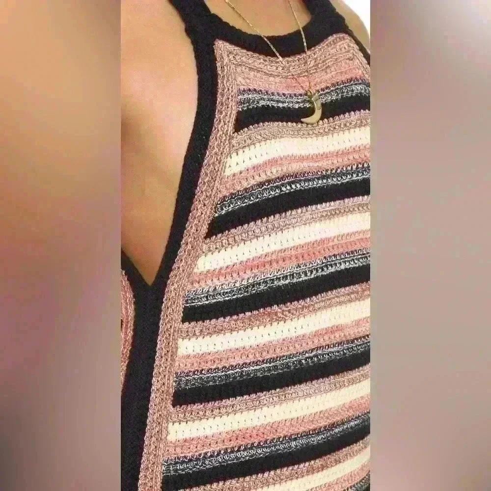 Free People Boho Retro Ruby Striped Crochet Knit Tank Dress Size Small - Picture 4 of 7